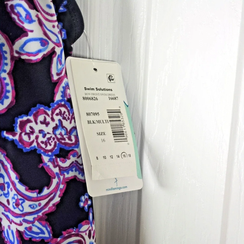 Swim Solutions Swim Dress Women 16 Black Paisley Print Tummy Control Vacay Beach - Picture 6 of 9